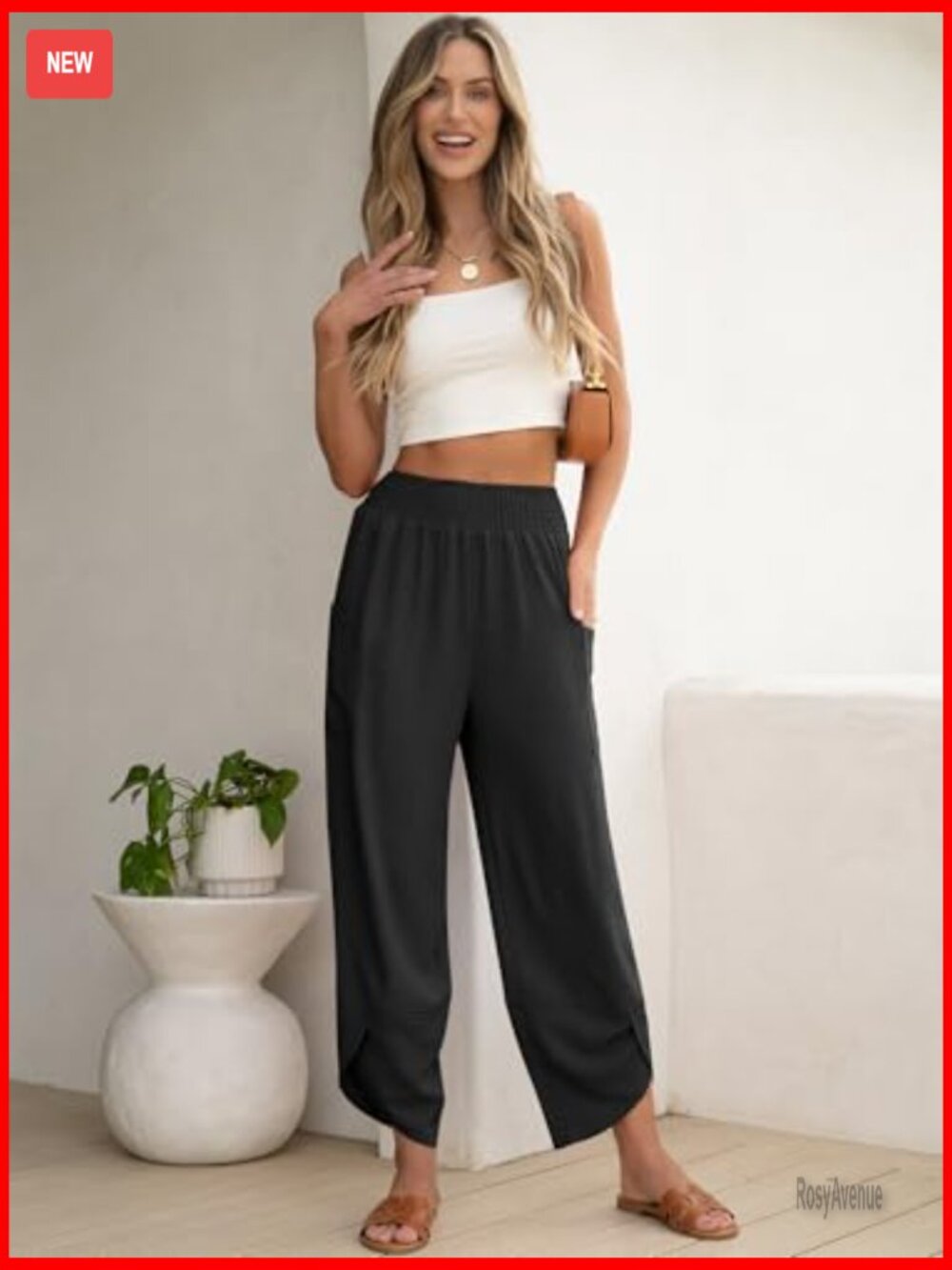 Wide Leg Palazzo Pants High Waisted Loose Fit Cropped Casual Lounge - Picture 2 of 7